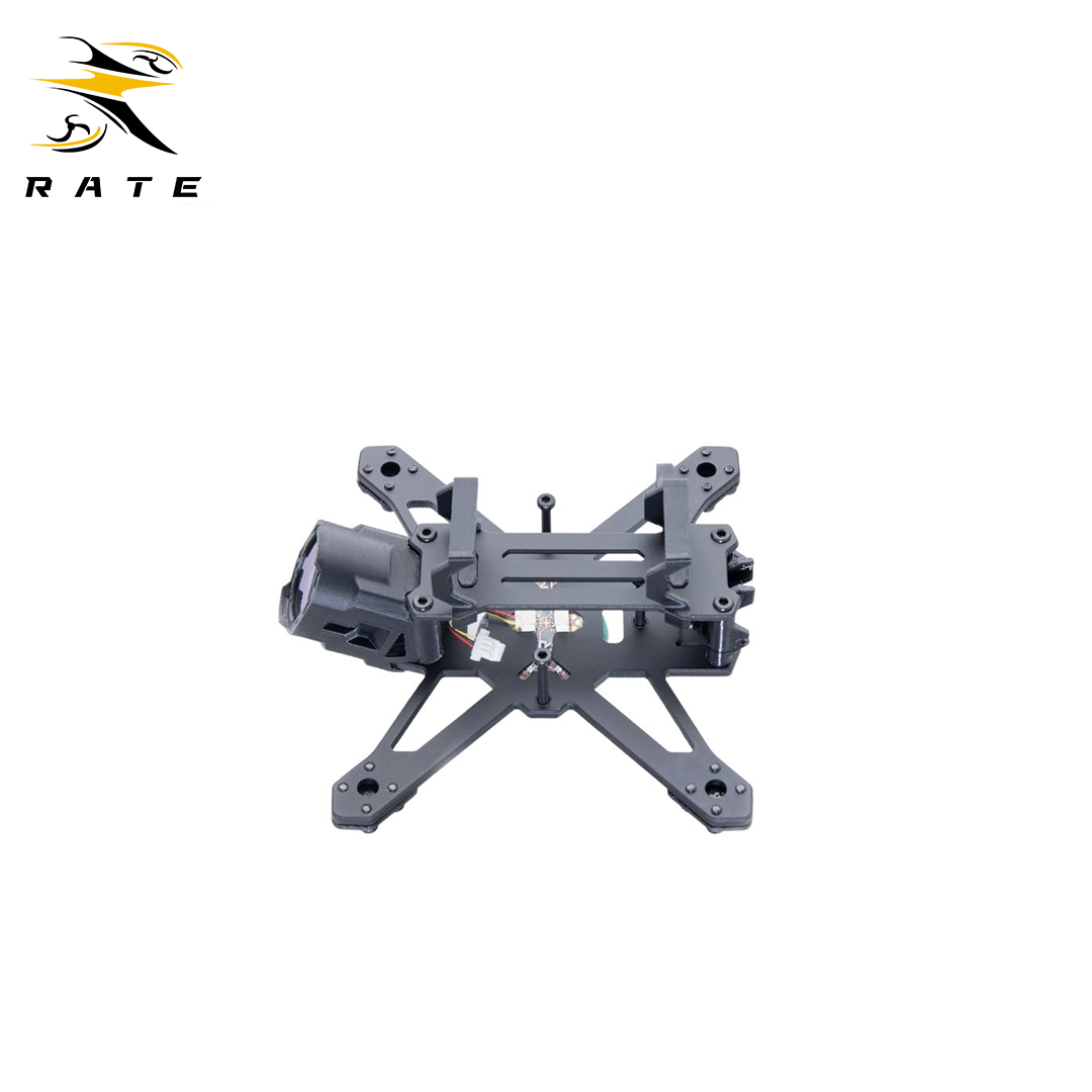 Top-down view of the RATE W20 2-inch FPV quadcopter frame, showing the mounting plate, motor hole pattern, and lightweight design for small-format cinewhoop drones.