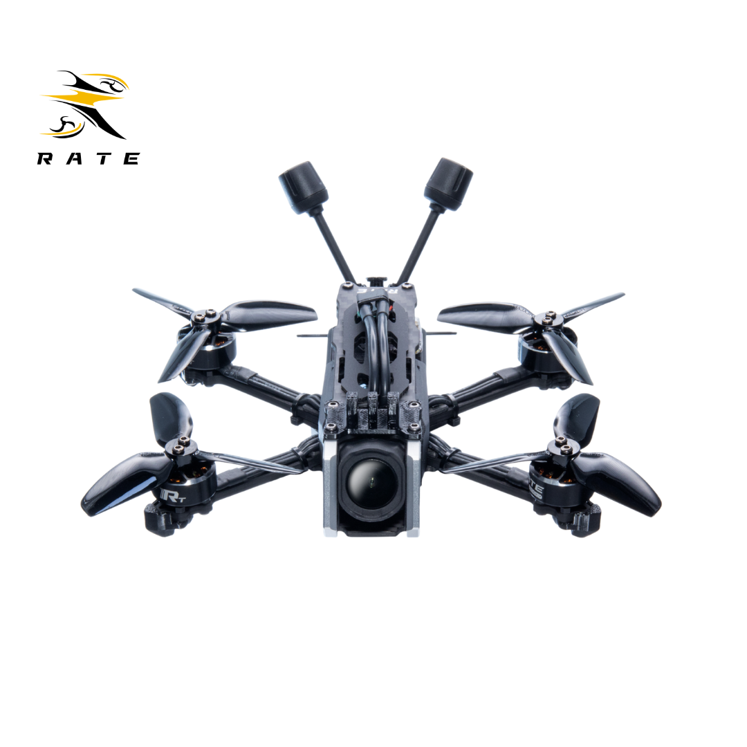 Front view of RATE S30 3-inch FPV drone built with HD camera & VTX, black high-efficiency propellers, optimized frame for tree freestyle and cinematic aerial shooting.