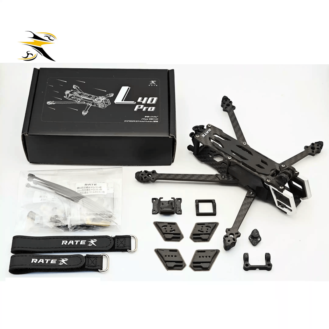 Everything included with the RATEFPV L40 Pro frame kit, including carbon fiber frame, TPU accessories, battery straps, mounting hardware, and CNC aluminum camera cage.