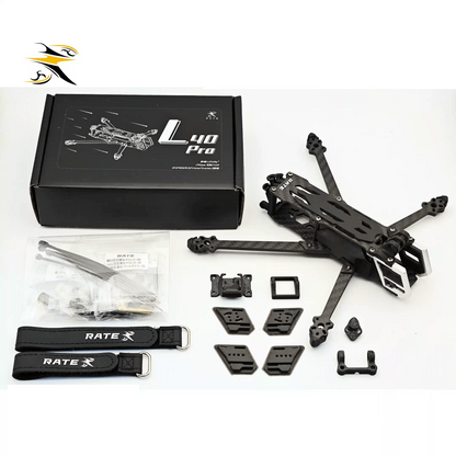 Everything included with the RATEFPV L40 Pro frame kit, including carbon fiber frame, TPU accessories, battery straps, mounting hardware, and CNC aluminum camera cage.