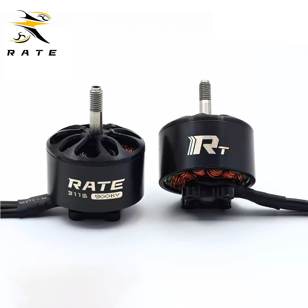 Single RATE 3115 900KV brushless motor with extended wires, designed for 10-15 inch FPV quadcopters, freestyle and long-range drones, showcasing precision-machined housing and threaded shaft for propeller mounting.