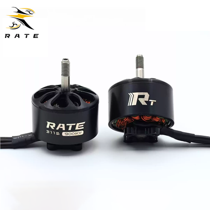 Single RATE 3115 900KV brushless motor with extended wires, designed for 10-15 inch FPV quadcopters, freestyle and long-range drones, showcasing precision-machined housing and threaded shaft for propeller mounting.