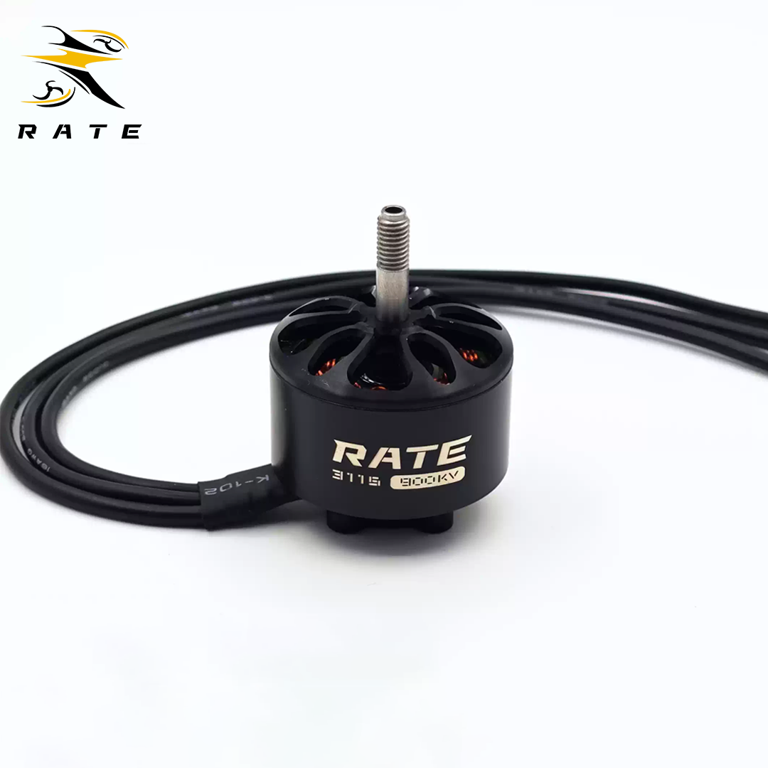 Side-by-side view of RATE 3115 900KV FPV motors with dual logo designs (full RATE branding and RT monogram), highlighting premium finish, threaded shafts, and high-torque performance for 10-15 inch quadcopters.