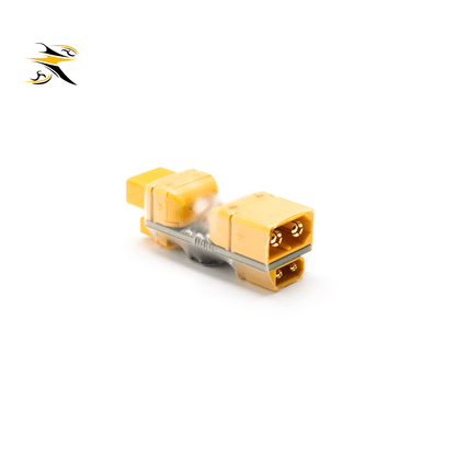  Side view of RATE FPV XT30 to XT60 short circuit protection adapter, gold-plated XT power connectors, overcurrent safety device for freestyle quadcopter.