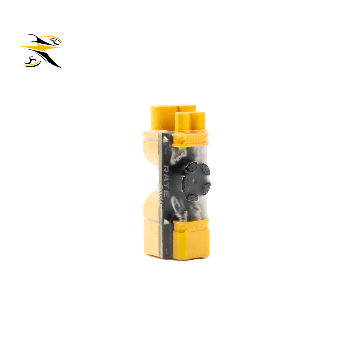 Vertical front view of RATE branded XT30 XT60 anti-short protector PCB board, compact battery safety adapter
