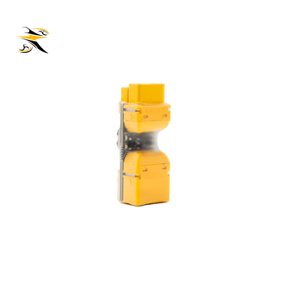 Back vertical shot of RATE FPV short circuit safety plug, insulated shrink wrap housing, compatible with all LiPo drone batteries.