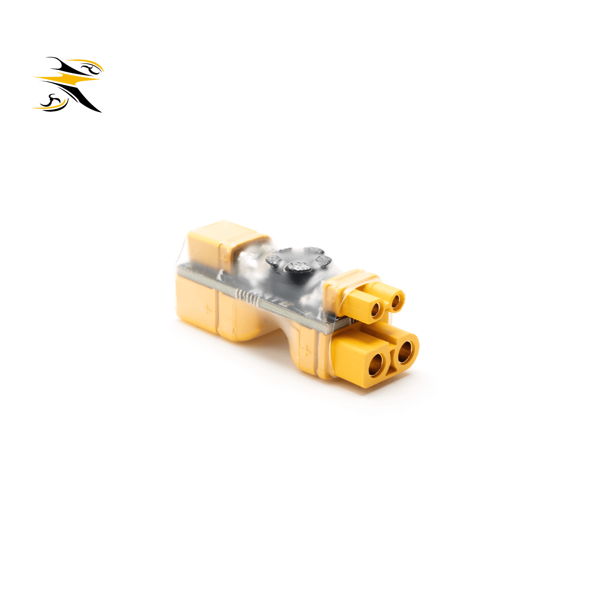 Front angled product shot of RATE FPV XT30 XT60 anti-short circuit protector, XT30 male to dual XT60 female battery safety plug for 2-6S FPV cinewhoop drone.