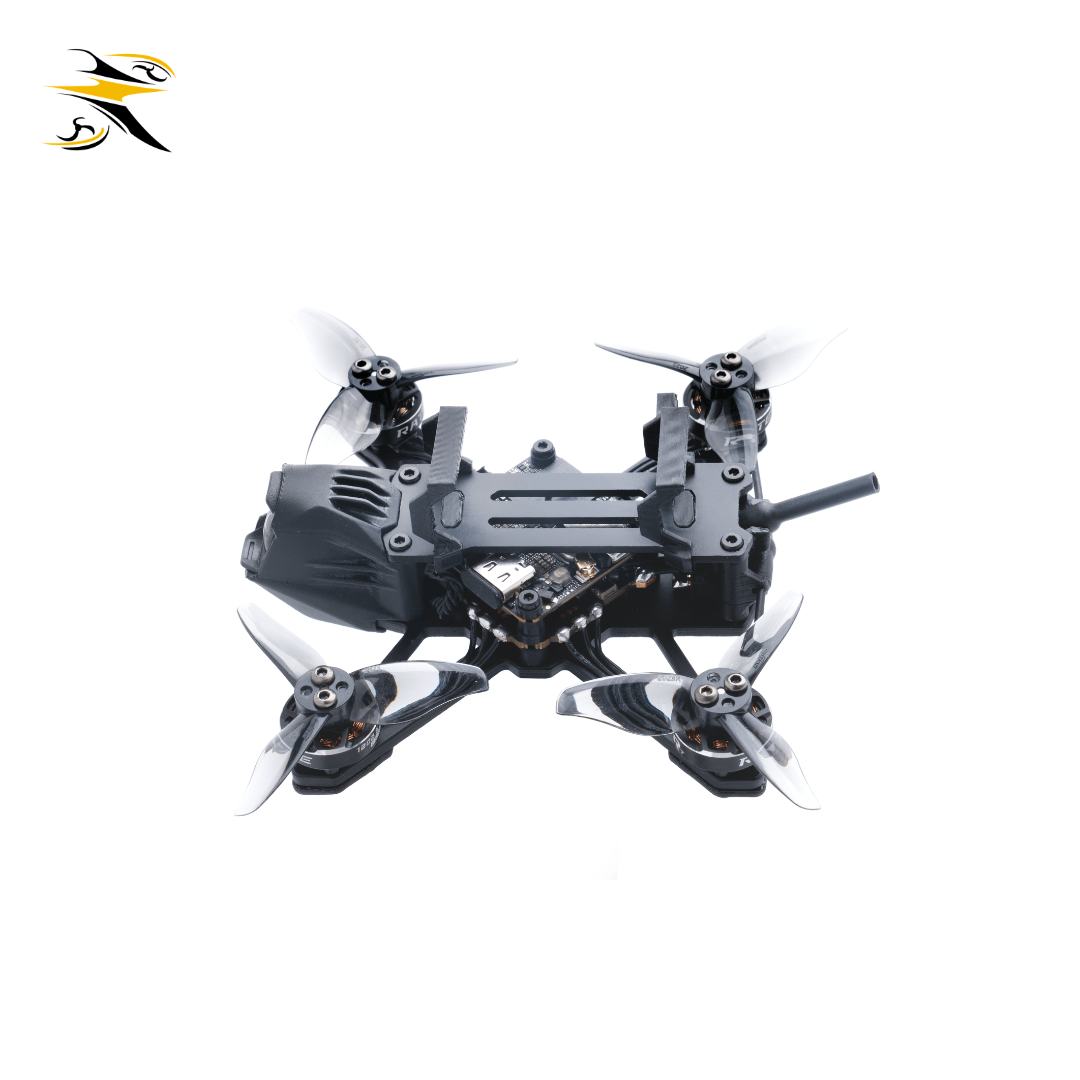 Top-front view of fully assembled RATE W20 2-inch mini FPV drone, durable frame structure, built-in HD camera, ideal for indoor cruising, tree freestyle and Gyroflow post-video stabilization.
