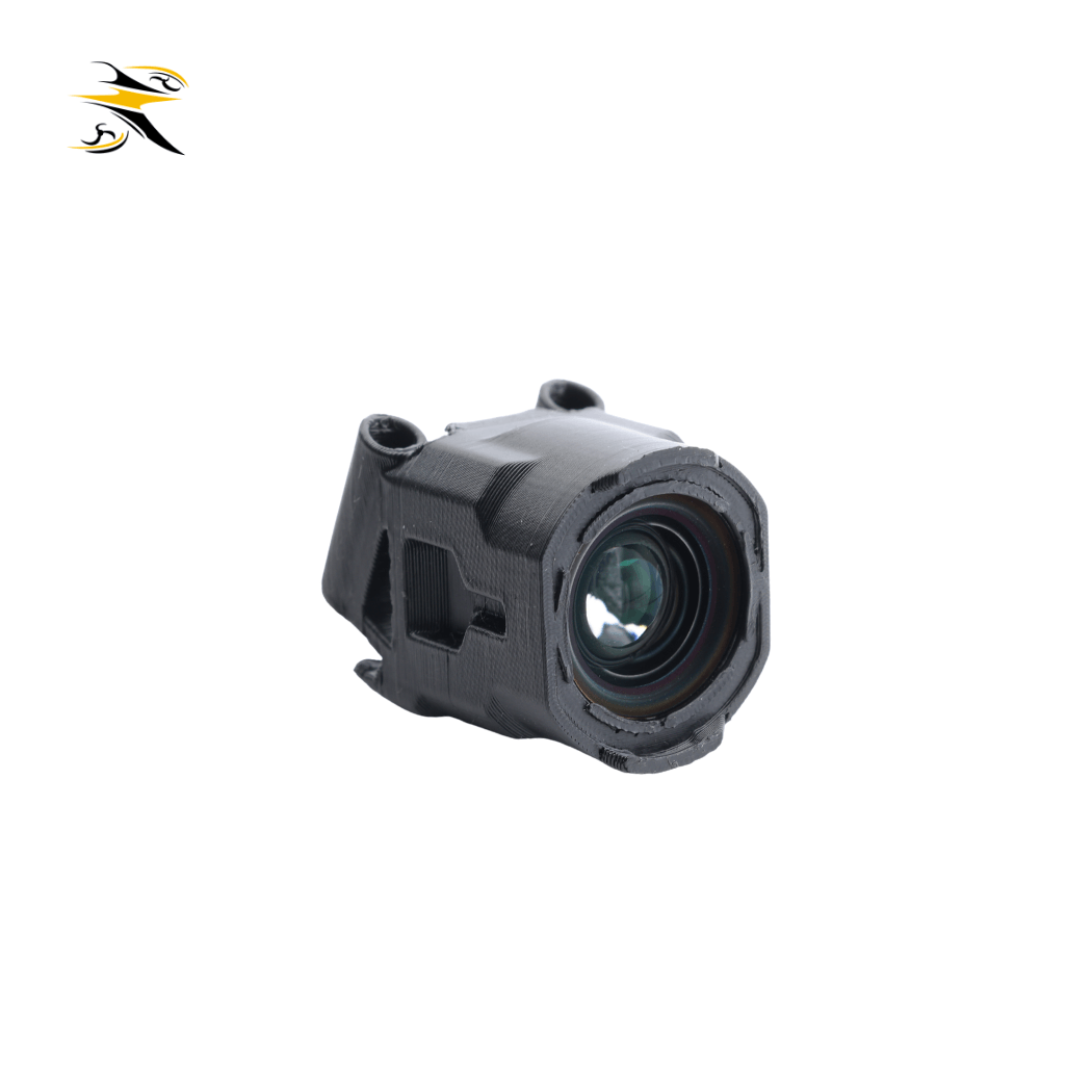 Black 3D printed camera lens guard/housing for the RATEFPV W20 frame, protects the FPV camera lens from crashes, scratches, and impacts during freestyle flights.