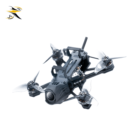 Side 45-degree product photo of RATEFPV W20 2-inch micro FPV drone, lightweight carbon fiber frame, pre-assembled ready-to-fly quad, clear propeller for O4 Wide aerial filming and freestyle flying.
