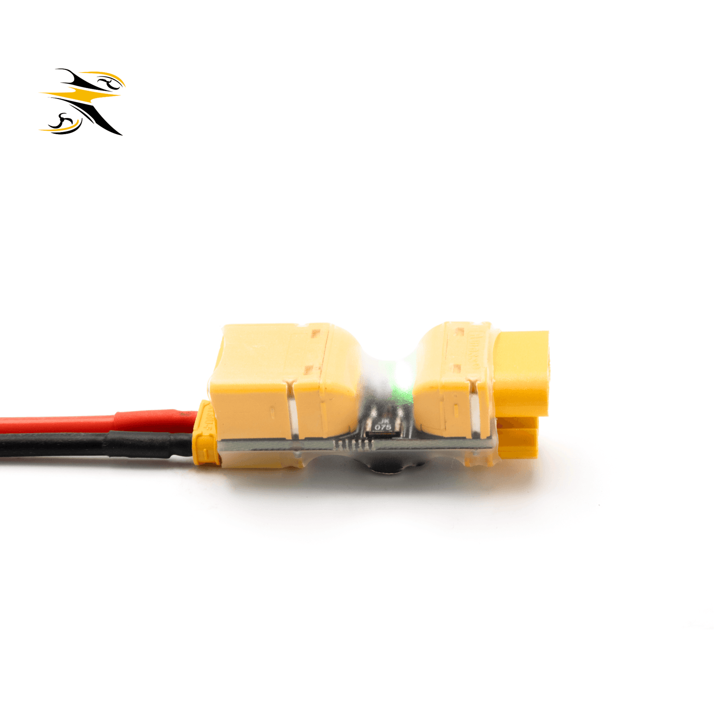 RATE Short Circuit Protector Rear View With Power Indicator Light
ALT Text: Rear side photo of RATE XT30 XT60 battery anti-short plug with glowing green status LED, overcurrent protection for FPV quad LiPo batteries.