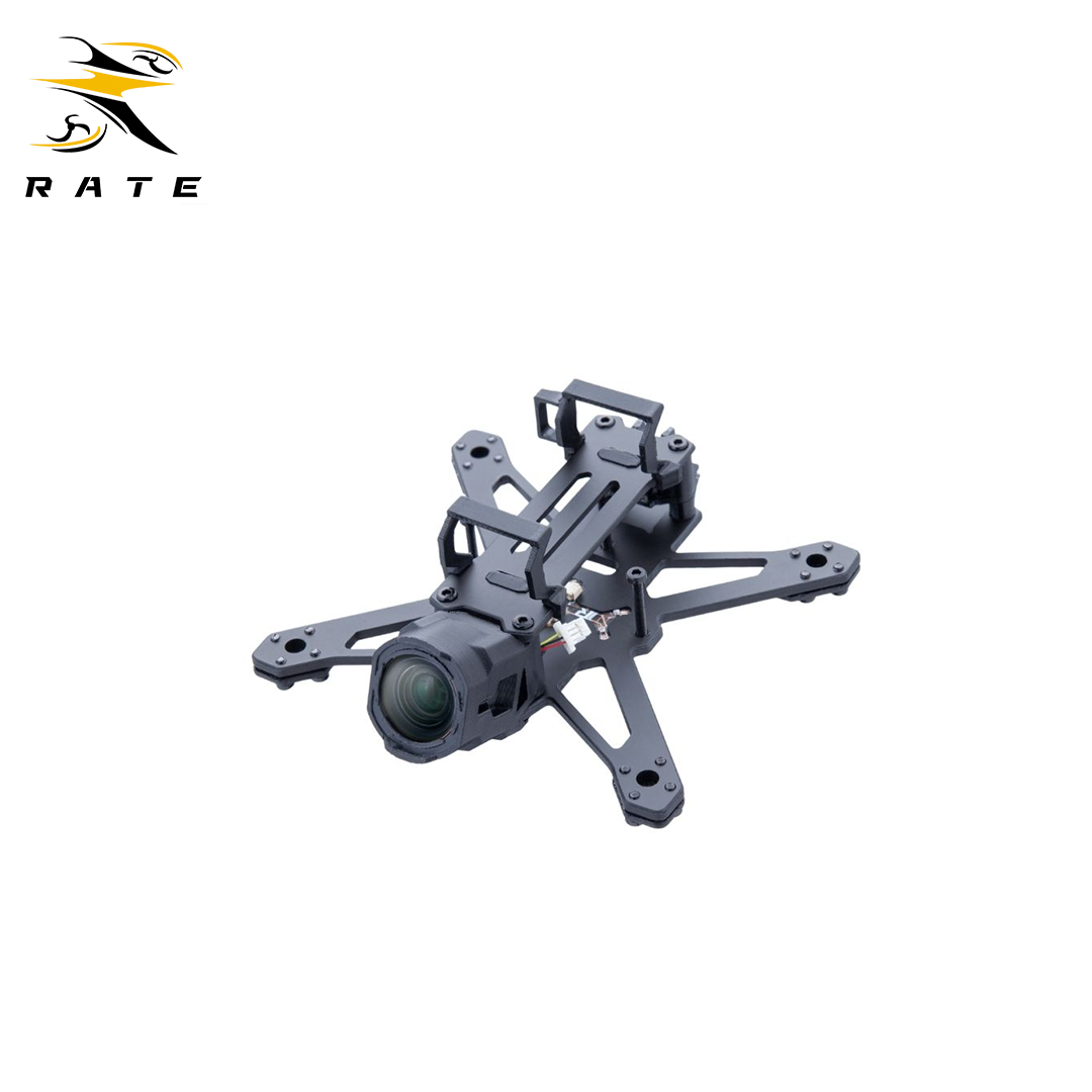 Black RATE W20 2-inch FPV drone frame with integrated camera mount, carbon fiber construction, designed for freestyle and cinewhoop quadcopters
