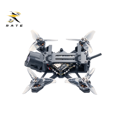 Top-front view of fully assembled RATE W20 2-inch mini FPV drone, durable frame structure, built-in HD camera, ideal for indoor cruising, tree freestyle and Gyroflow post-video stabilization.