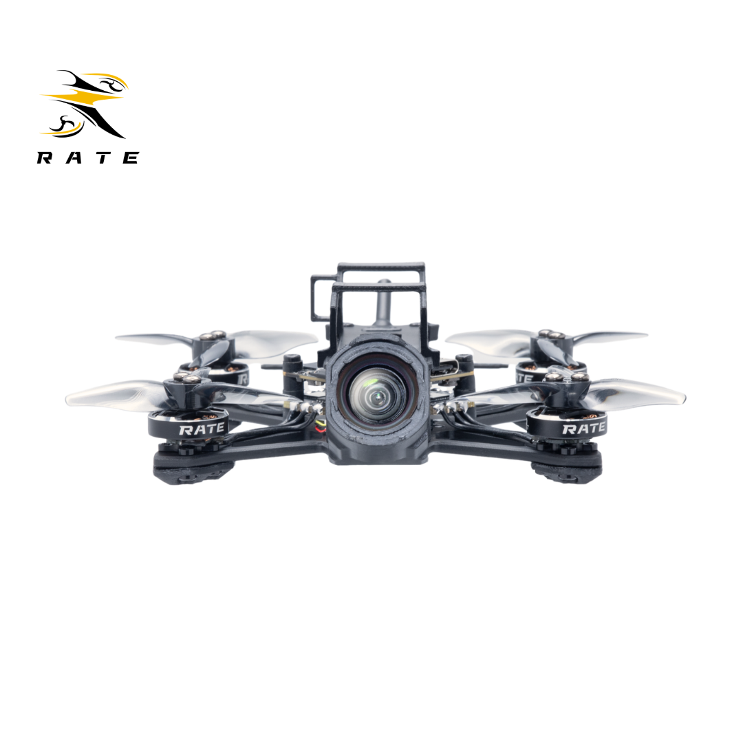 Front view of RATE W20 2-inch tiny FPV quadcopter with integrated HD FPV camera, transparent propellers and RATE branded motors, compact freestyle micro drone for indoor & outdoor flight.