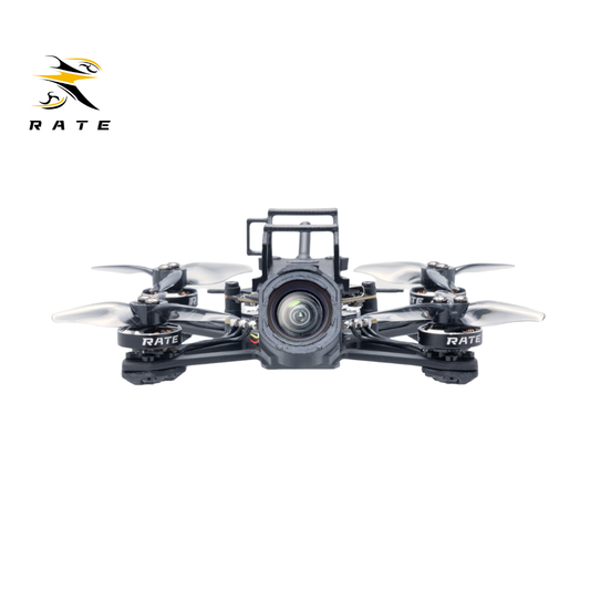 Front view of RATE W20 2-inch tiny FPV quadcopter with integrated HD FPV camera, transparent propellers and RATE branded motors, compact freestyle micro drone for indoor & outdoor flight.