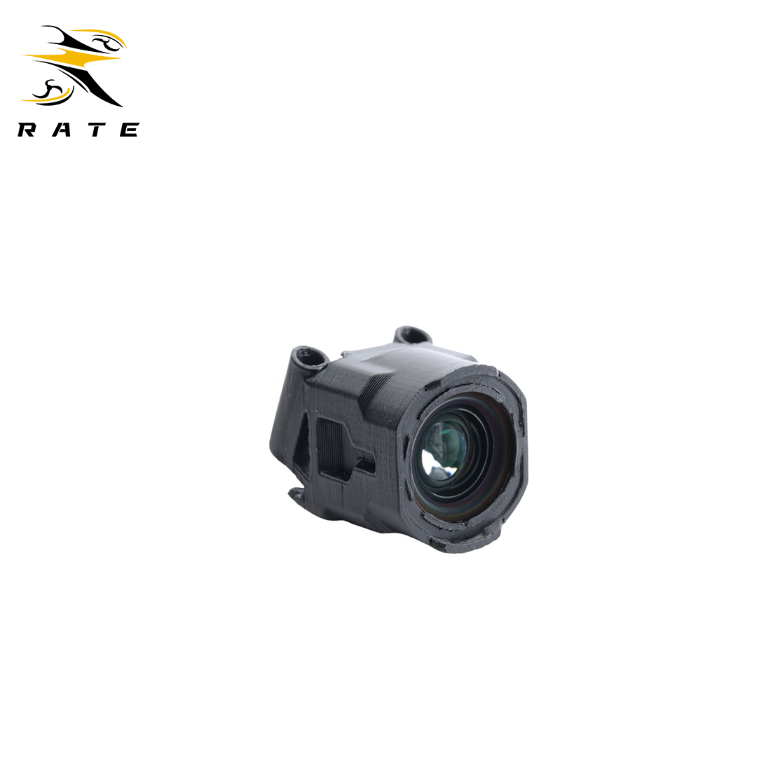 Black 3D printed camera lens guard/housing for the RATE W20 frame, protects the FPV camera lens from crashes, scratches, and impacts during freestyle flights.