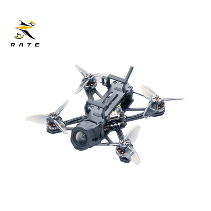 Side 45-degree product photo of RATE W20 2-inch micro FPV drone, lightweight carbon fiber frame, pre-assembled ready-to-fly quad, clear propeller for HD aerial filming and freestyle flying.