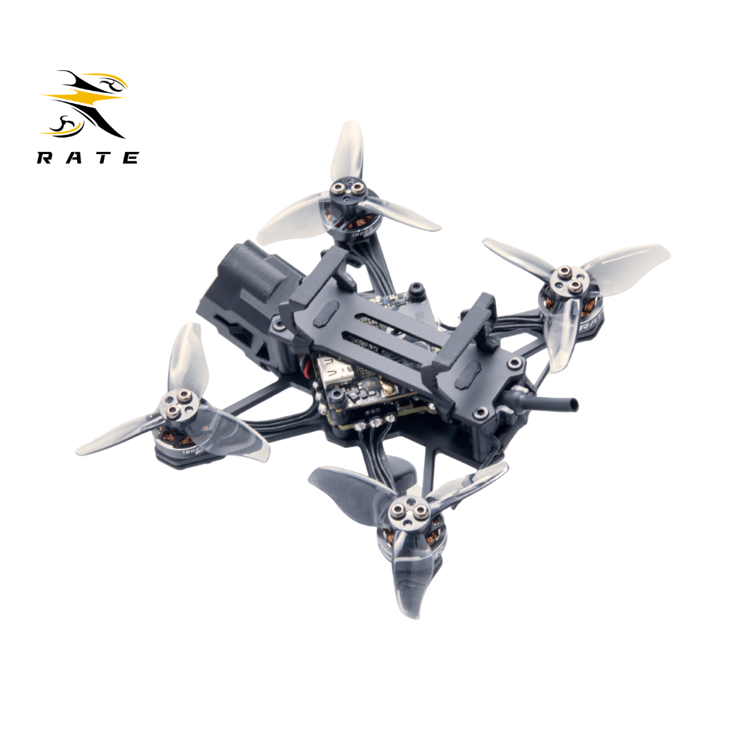 Back top-down shot of RATE W20 micro freestyle drone with visible AIO board, built-in Bluetooth for Betaflight mobile tuning, prebuilt 2-inch FPV quadcopter for hobby pilots.