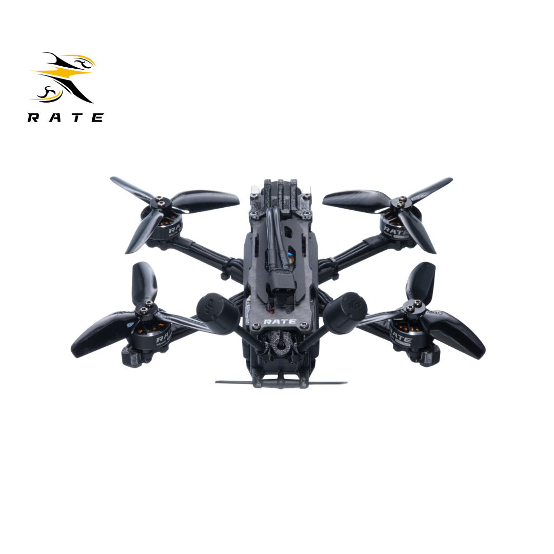 Top full overhead view of finished RATE S30 Pro HD FPV  drone, symmetrical carbon fiber airframe, complete DJI O4 digital setup for high-definition FPV filming.