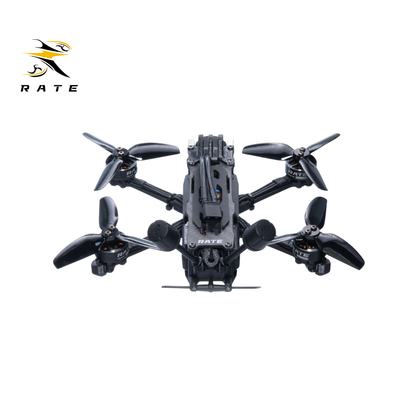 Top full overhead view of finished RATE S30 Pro HD FPV  drone, symmetrical carbon fiber airframe, complete DJI O4 digital setup for high-definition FPV filming.
