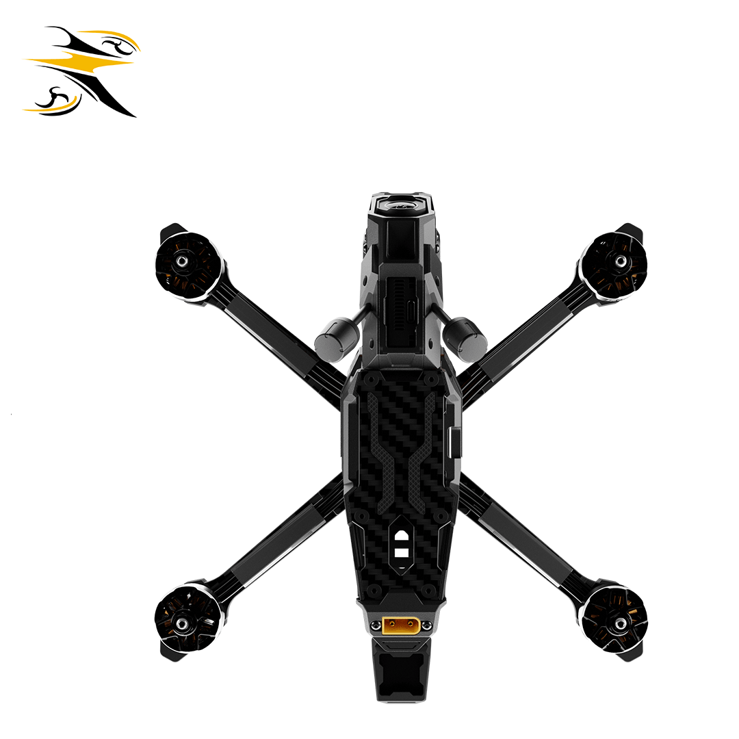 Full Vertical Top-Down Rear View of RATEFPV SNAP-X5 Long Range FPV Drone, Complete T700 Carbon Chassis, Dual Antennas & Rear XT60 Power Port Layout