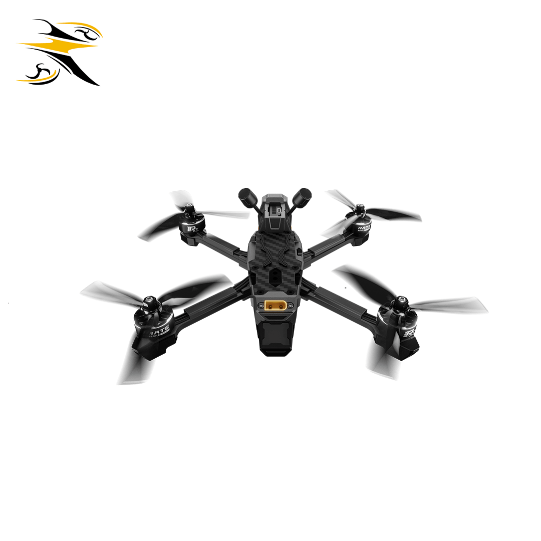 Top-Down Bottom View of RATEFPV SNAP-X5 5 Inch Freestyle FPV Drone, XT60 Battery Connector, Four High-performance Brushless Motors & Dynamic Propellers